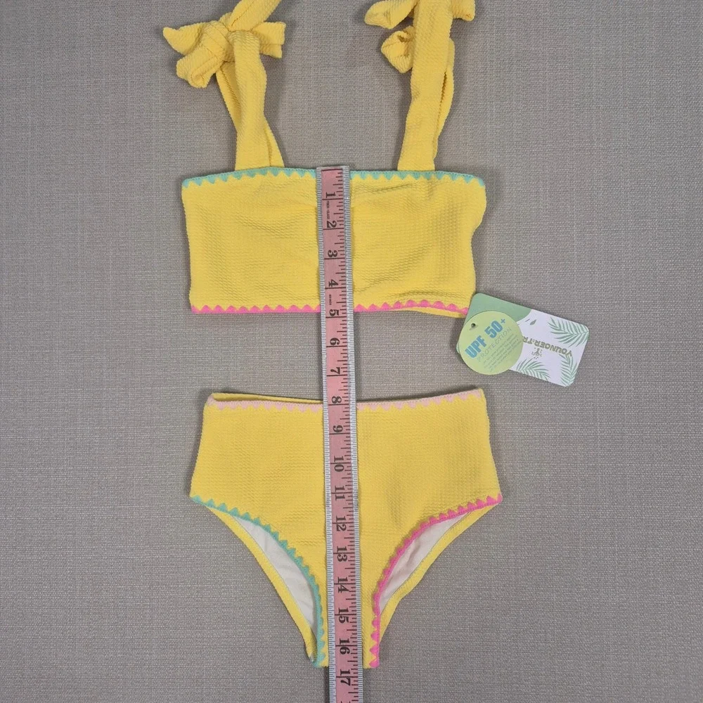 Younger Tree Kids Yellow Waffle Knit Ric Rac Two Piece Swimsuit UPF 50+ 5-6T
